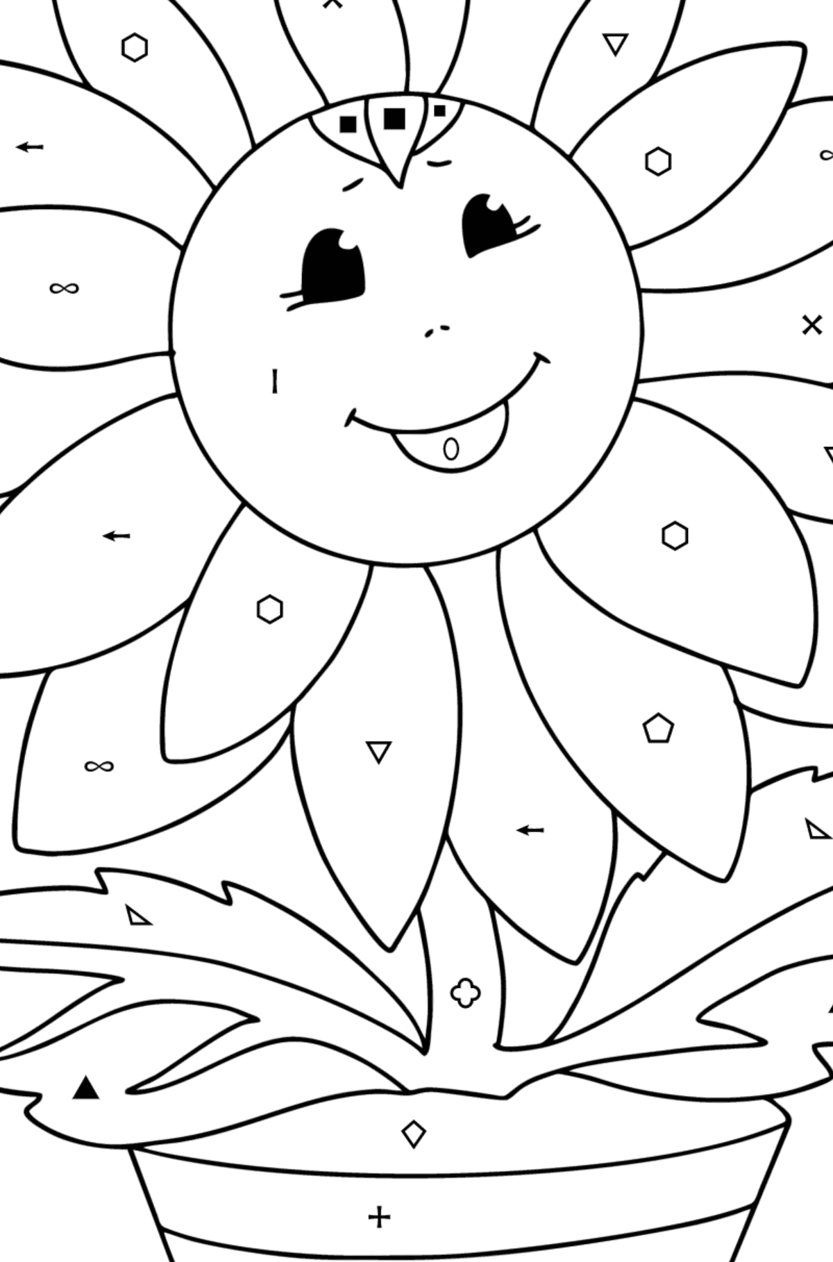 Målarbild solros med ögon - Färgläggning efter symboler och av geometriska figurer För barn
