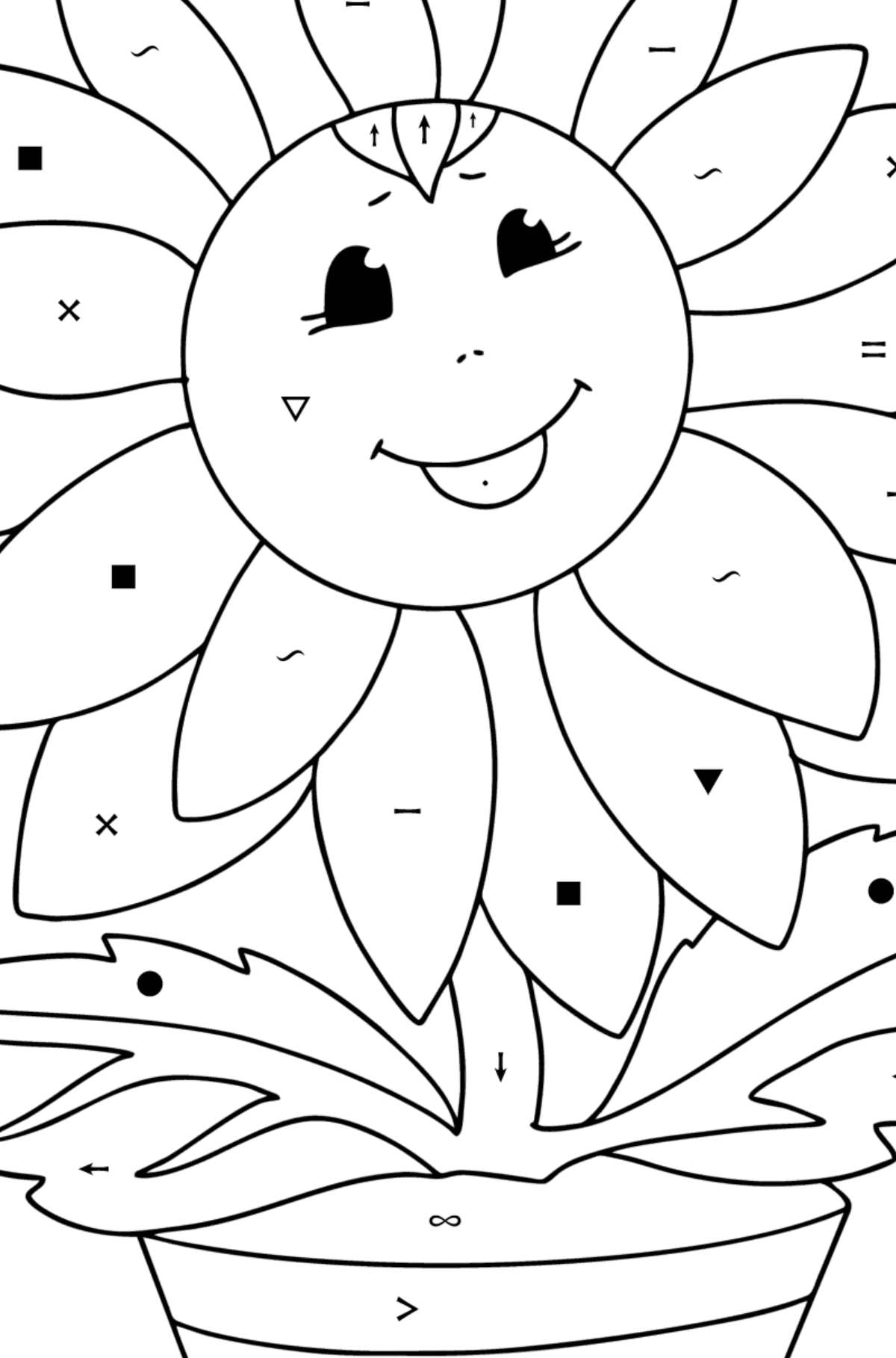 Målarbild solros med ögon - Färgläggning efter symboler För barn