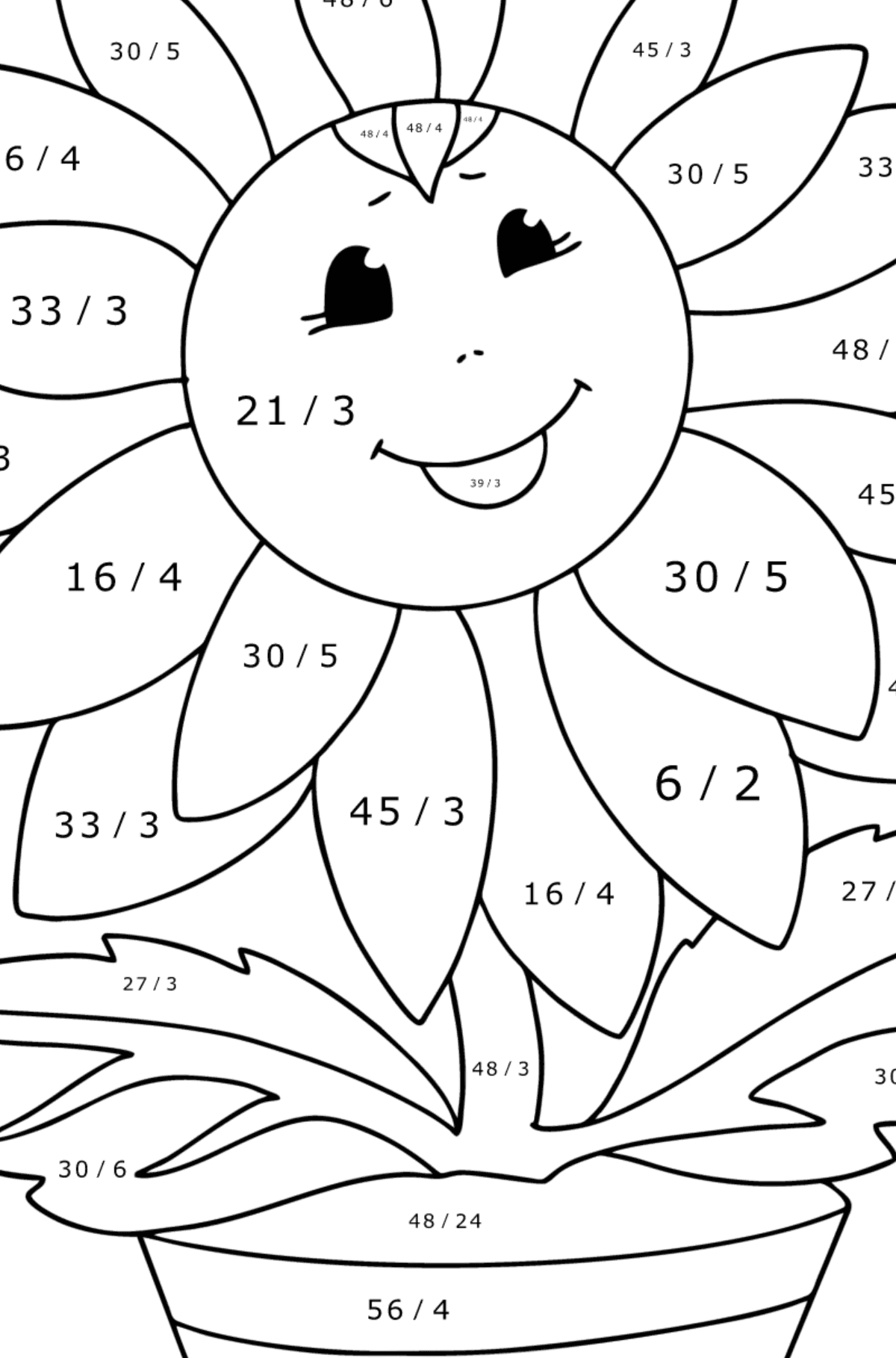 Målarbild solros med ögon - Matematik Färgläggning - Division För barn
