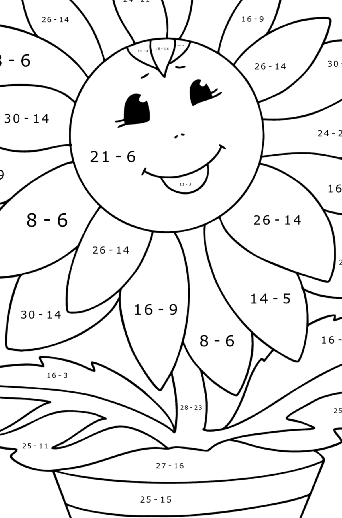 Målarbild solros med ögon - Matematik Färgläggning - Subtraktion För barn