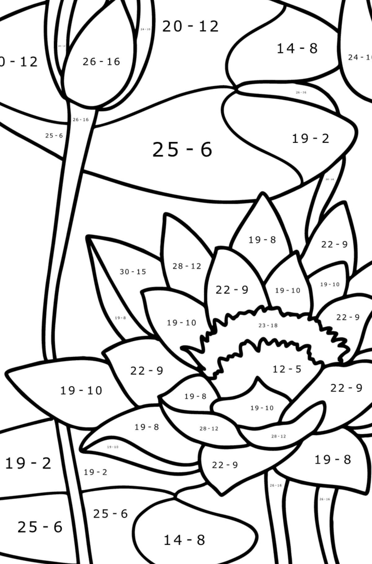 Water lily coloring page - Math Coloring - Subtraction for Kids