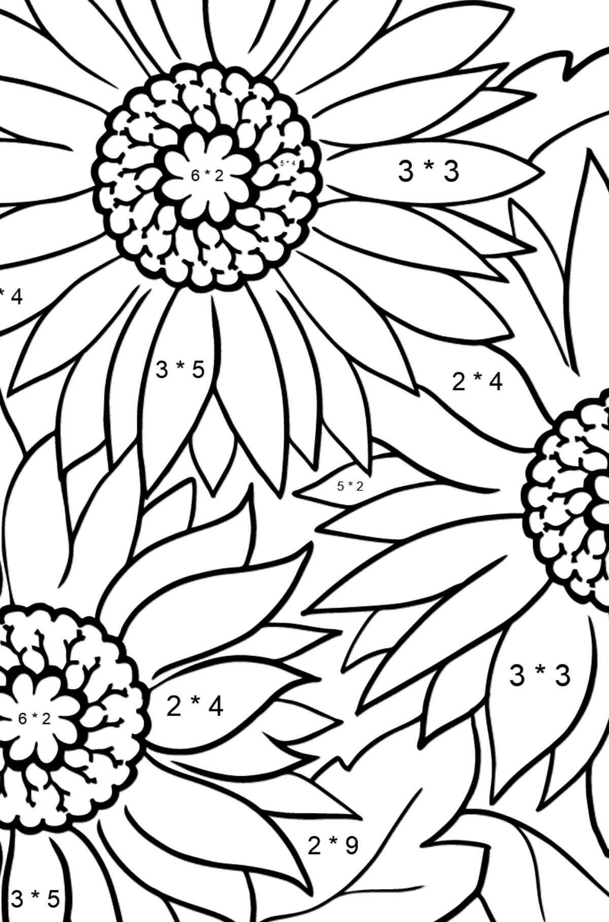 Ausmalbild für Blumen - Gelbe Gerbera - Mathe Ausmalbilder - Multiplikation für Kinder
