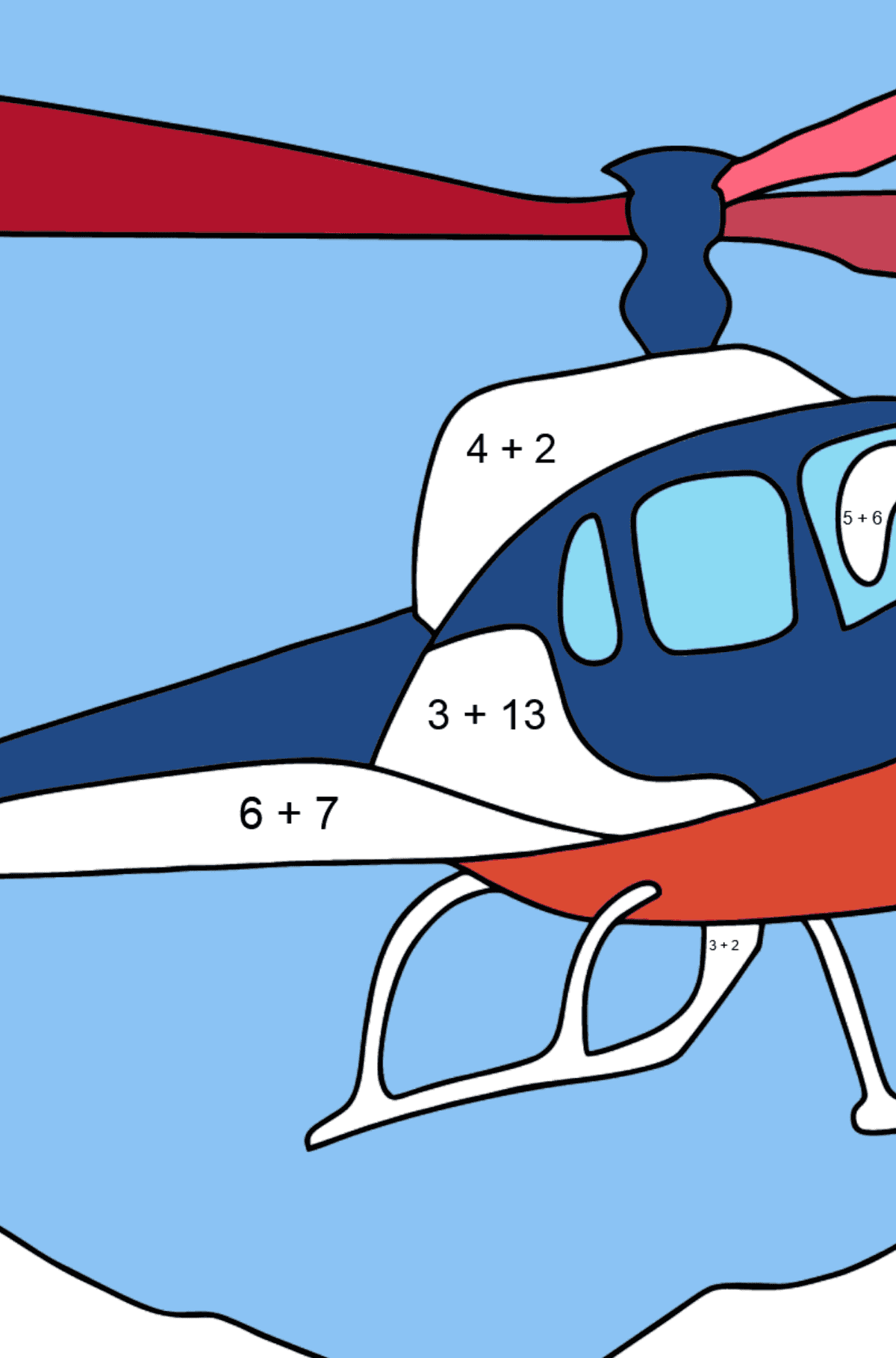 Dibujo para Colorear - Un Helicóptero de Ciudad - Colorear con Matemáticas - Sumas para Niños