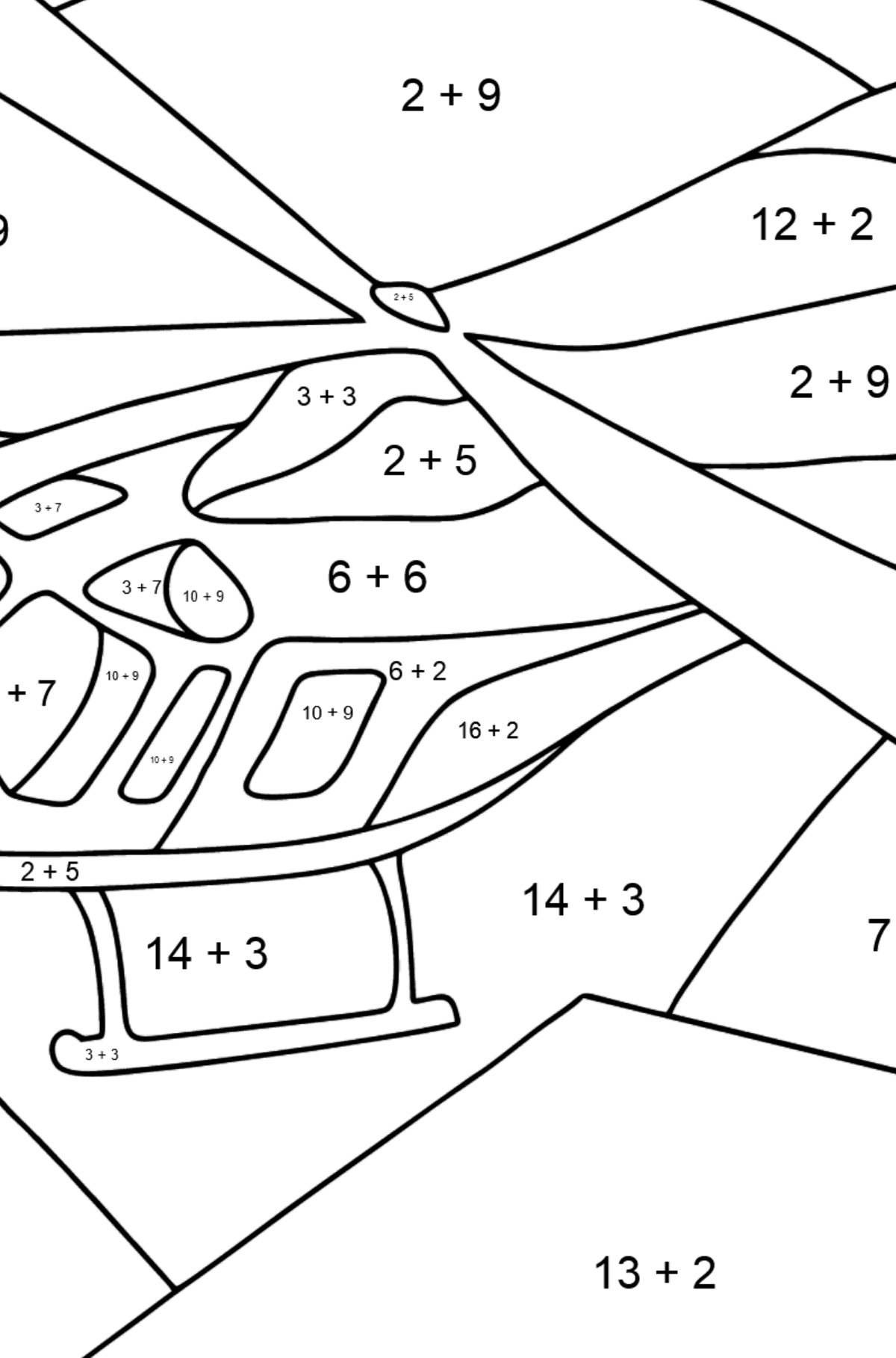 Dibujo para Colorear - Un Helicóptero Deportivo - Colorear con Matemáticas - Sumas para Niños