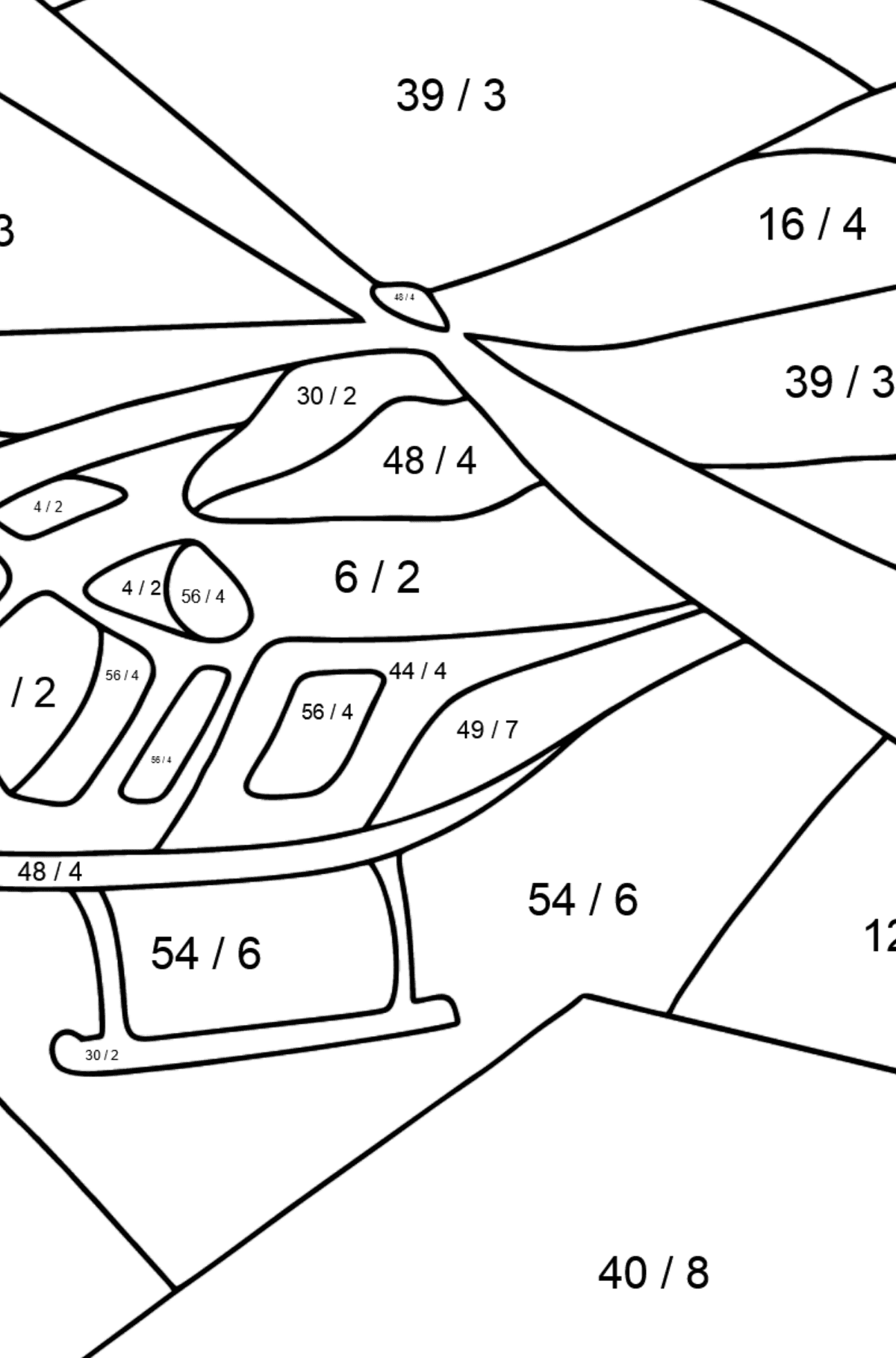Dibujo para Colorear - Un Helicóptero Deportivo - Colorear con Matemáticas - Divisiones para Niños