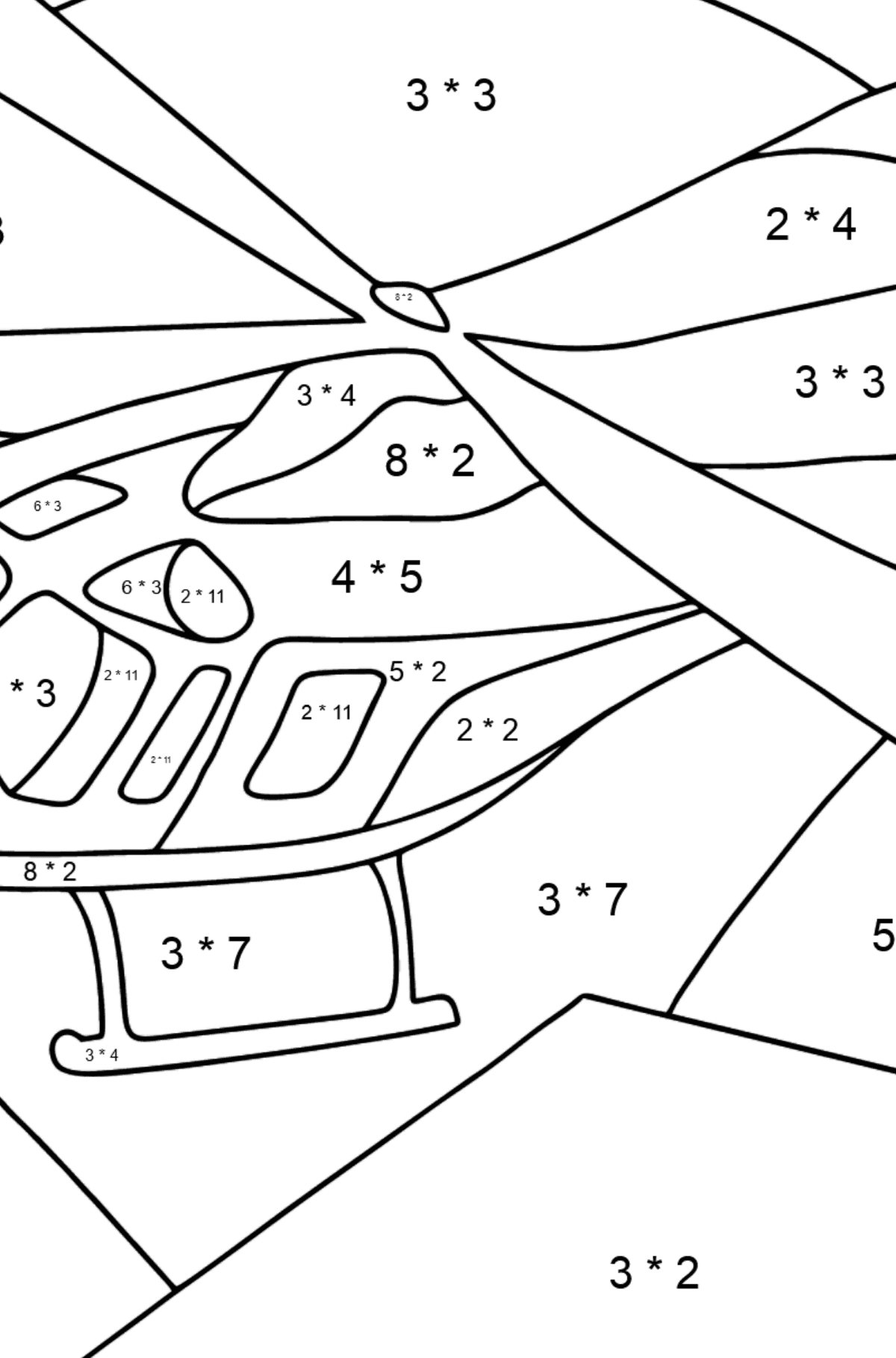 Dibujo para Colorear - Un Helicóptero Deportivo - Colorear con Matemáticas - Multiplicaciones para Niños