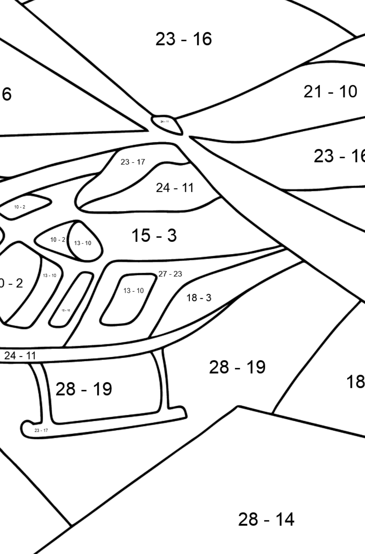 Dibujo para Colorear - Un Helicóptero Deportivo - Colorear con Matemáticas - Restas para Niños