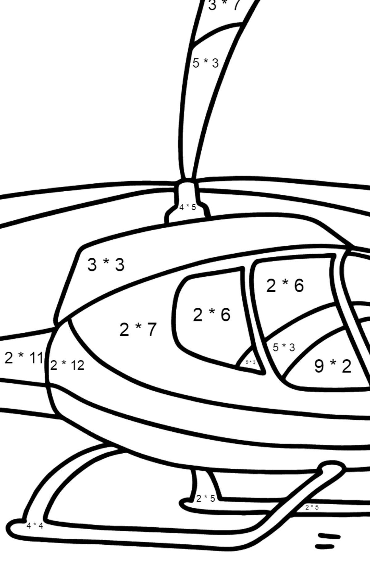 Värityskuva kaunis helikopteri - Matemaattinen Värityskirja - Kertolasku lapsille
