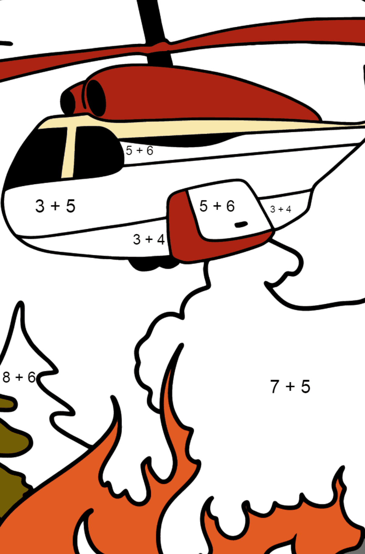 Раскраска вертолет тушит пожар - На Сложение для Детей