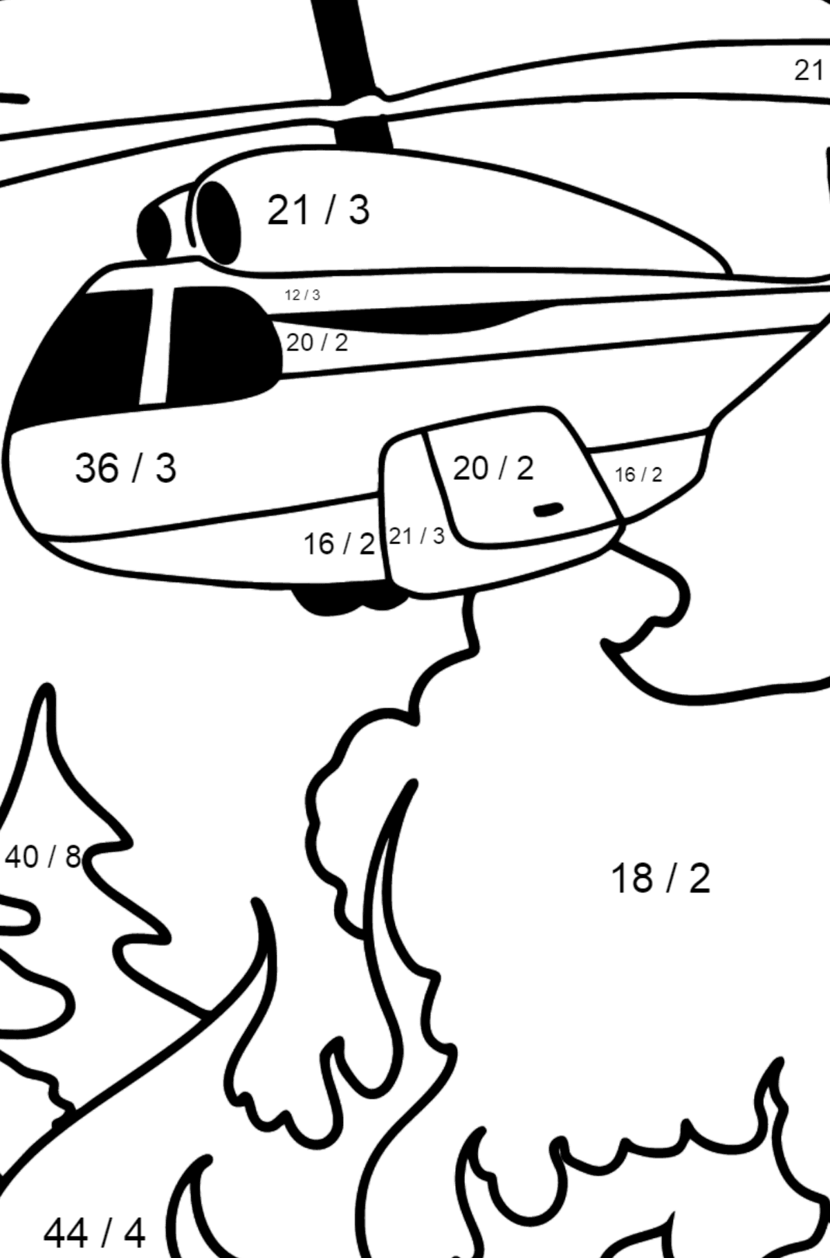 Värityskuva helikopteri sammuttaa palon - Matemaattinen Värityslasku - Jakolasku lapsille