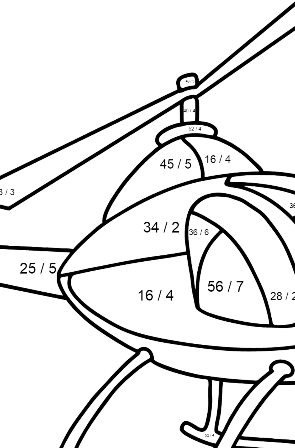 Värityskuva helikopteri lapsille - Matemaattinen Värityslasku - Jakolasku lapsille