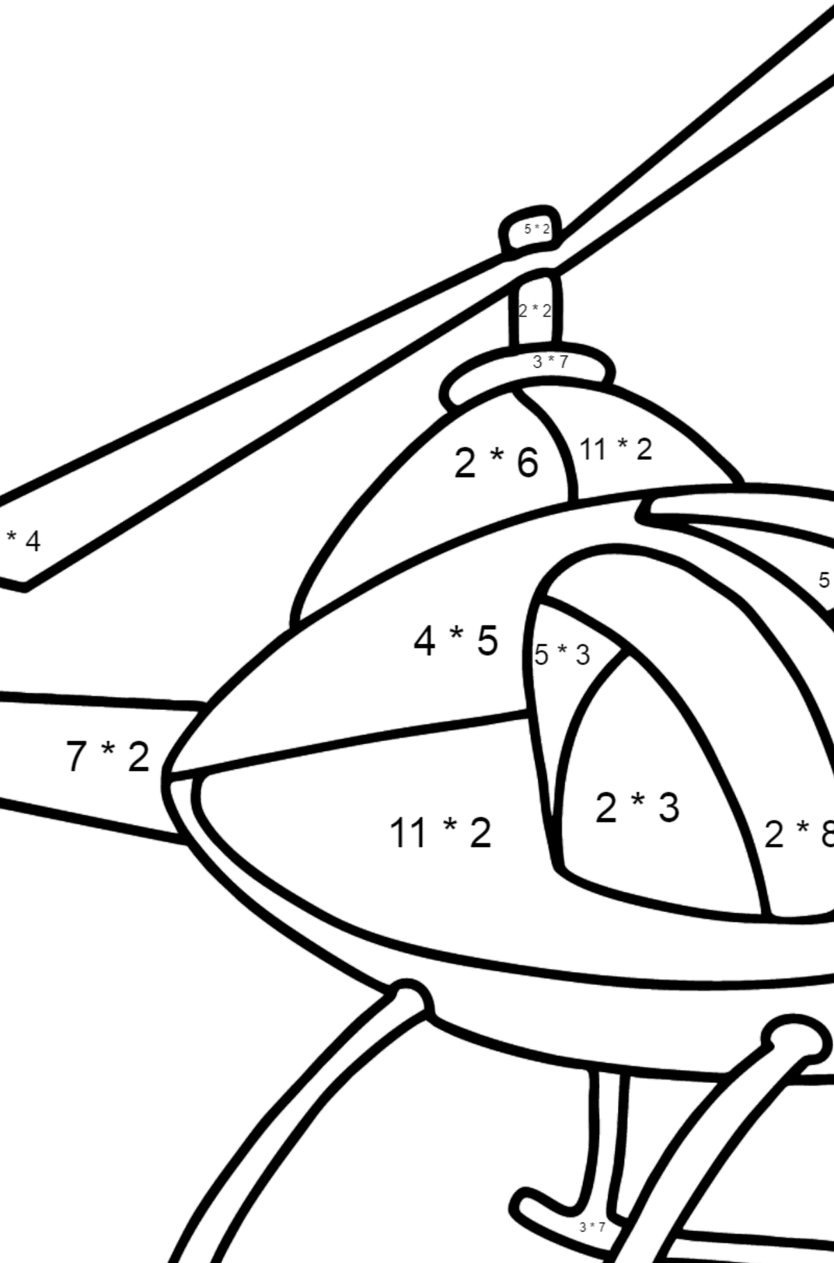 Värityskuva helikopteri lapsille - Matemaattinen Värityskirja - Kertolasku lapsille