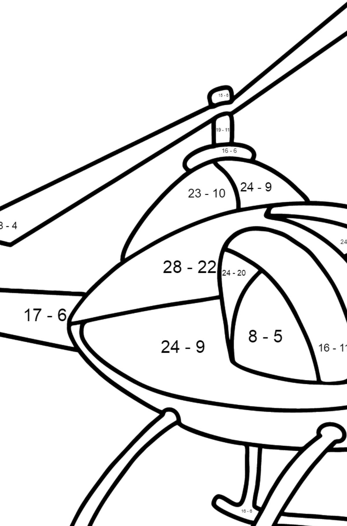 Página para colorear de helicópteros para niños - Colorear con Matemáticas - Restas para Niños