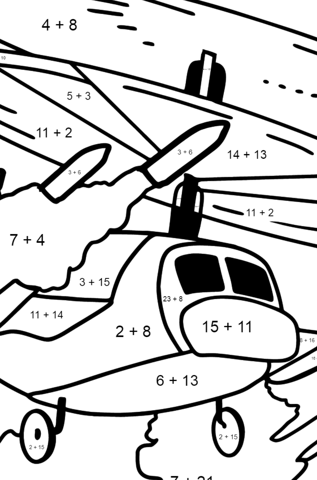 Dibujo para Colorear - Un Helicóptero Militar - Colorear con Matemáticas - Sumas para Niños