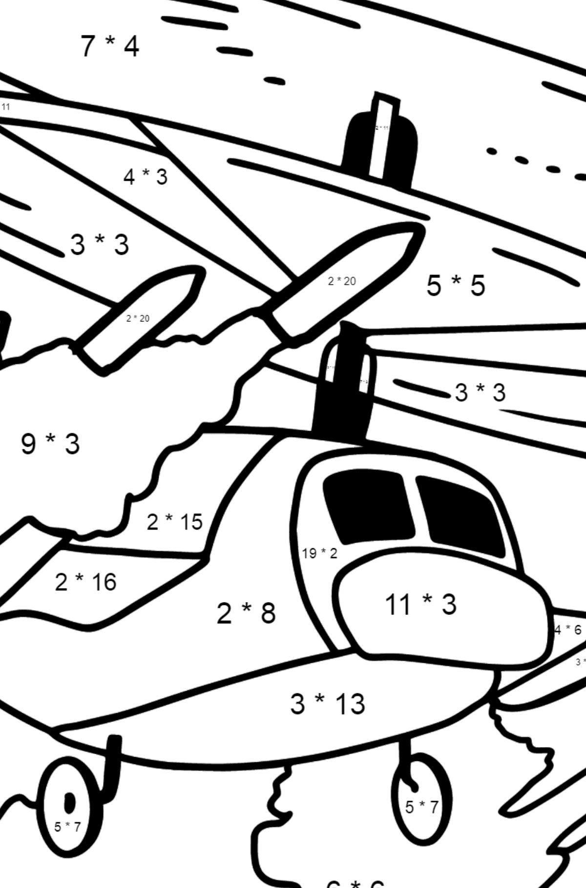 Värityskuva sotilashelikopteri - Matemaattinen Värityskirja - Kertolasku lapsille