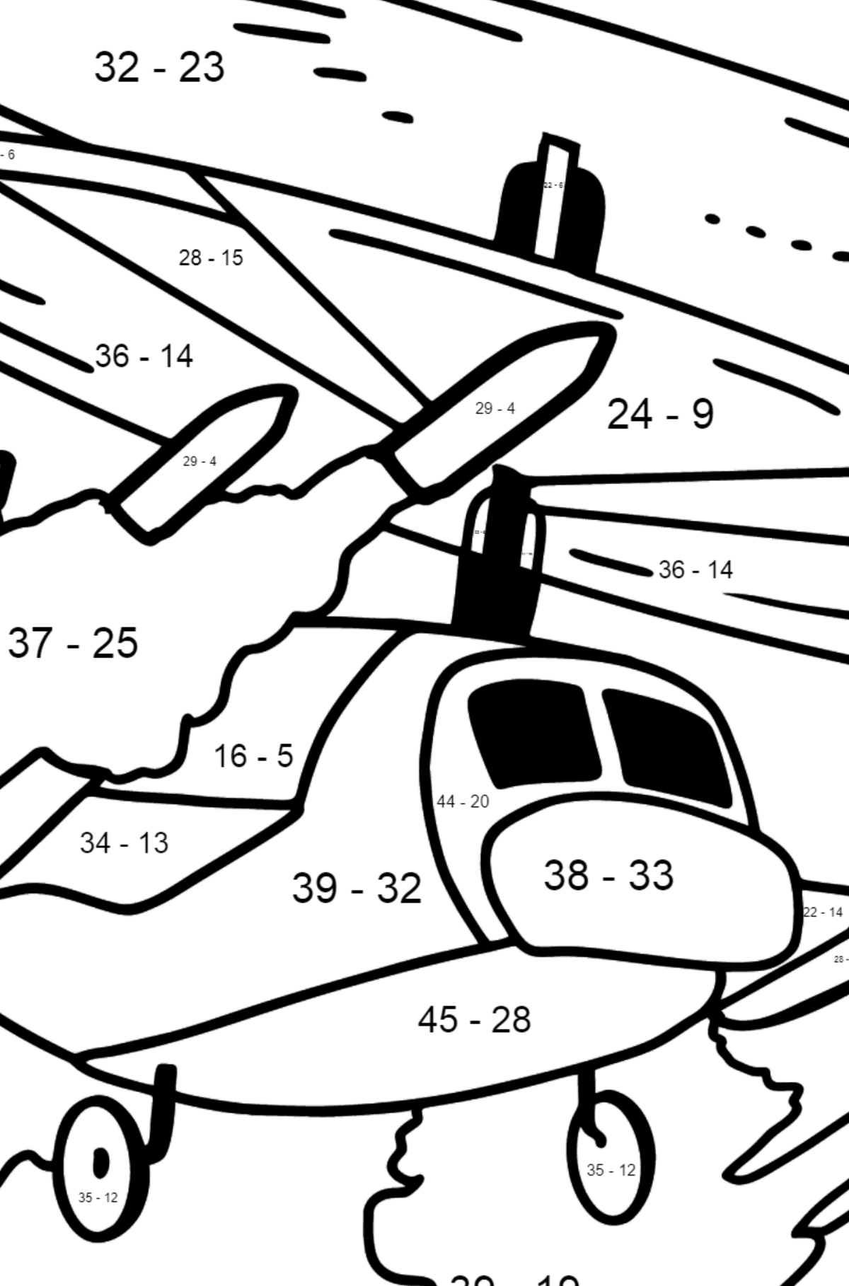 Dibujo para Colorear - Un Helicóptero Militar - Colorear con Matemáticas - Restas para Niños
