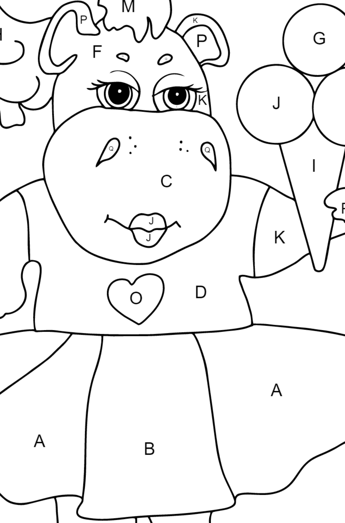 Coloriage Adorable hippopotame - Coloriage par Lettres pour les Enfants