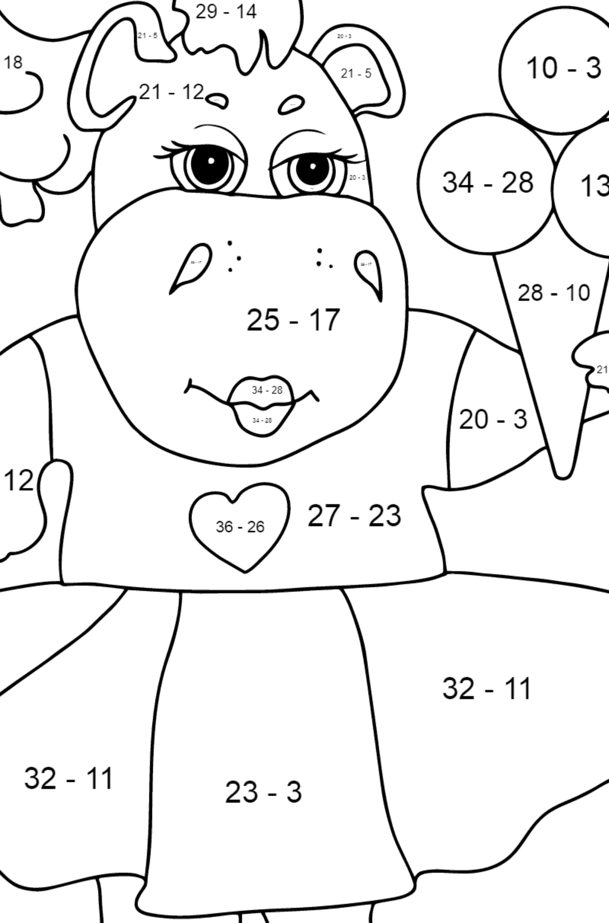 Ausmalbild Charmantes Nilpferd - Mathe Ausmalbilder - Subtraktion für Kinder