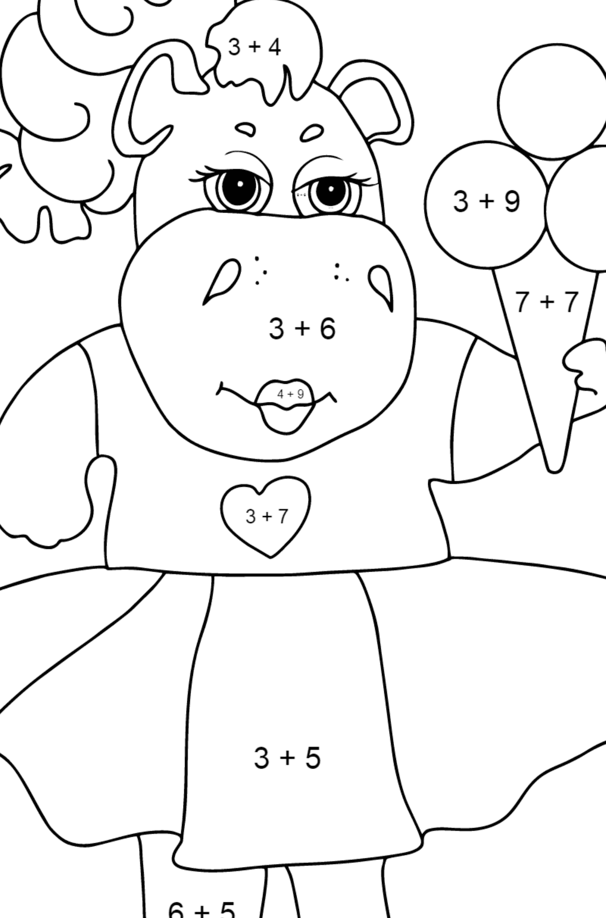 Dibujo de adorable hipopótamo (simple) para colorear - Colorear con Matemáticas - Sumas para Niños