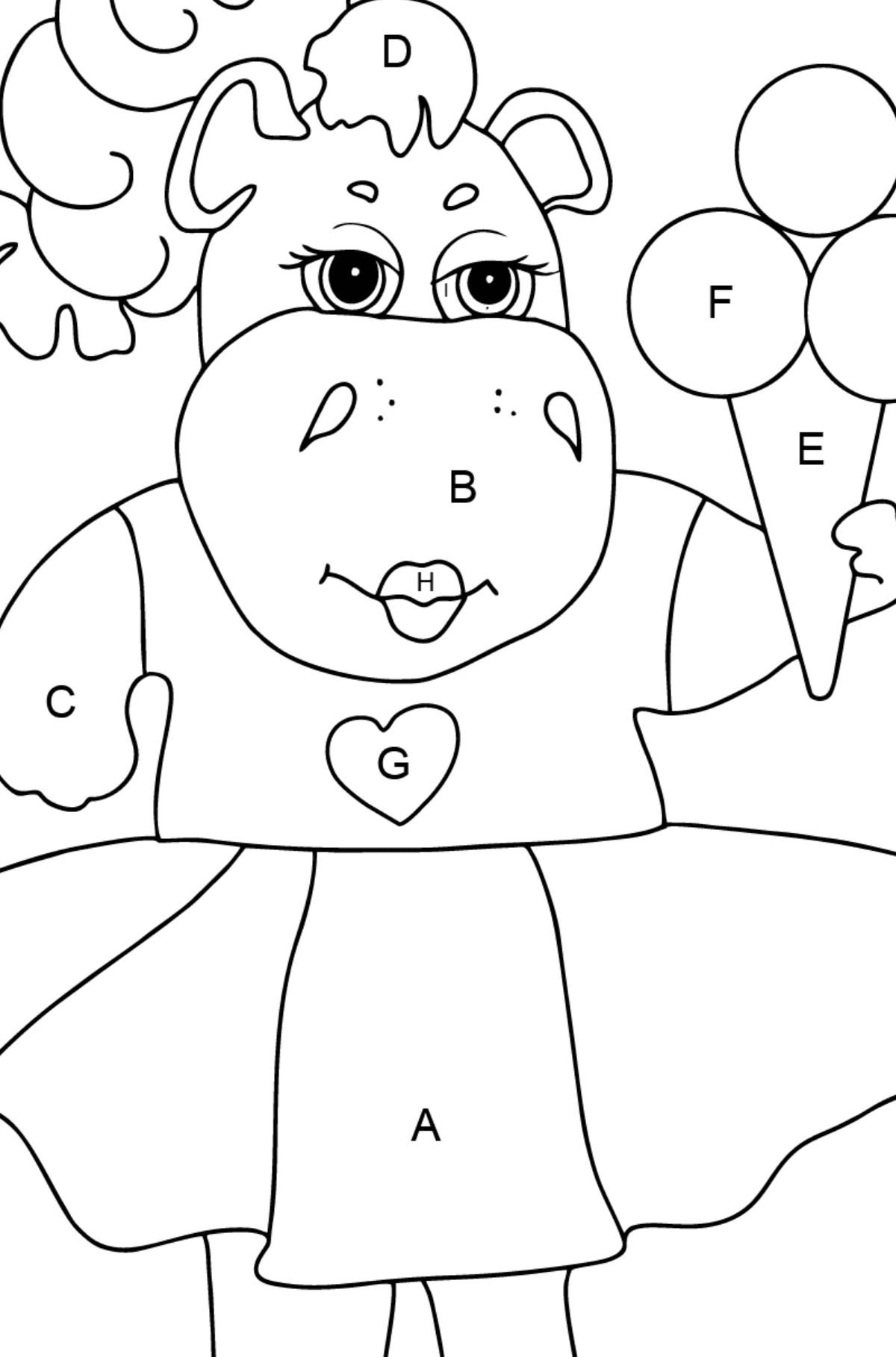Dibujo de adorable hipopótamo (simple) para colorear - Colorear por Letras para Niños