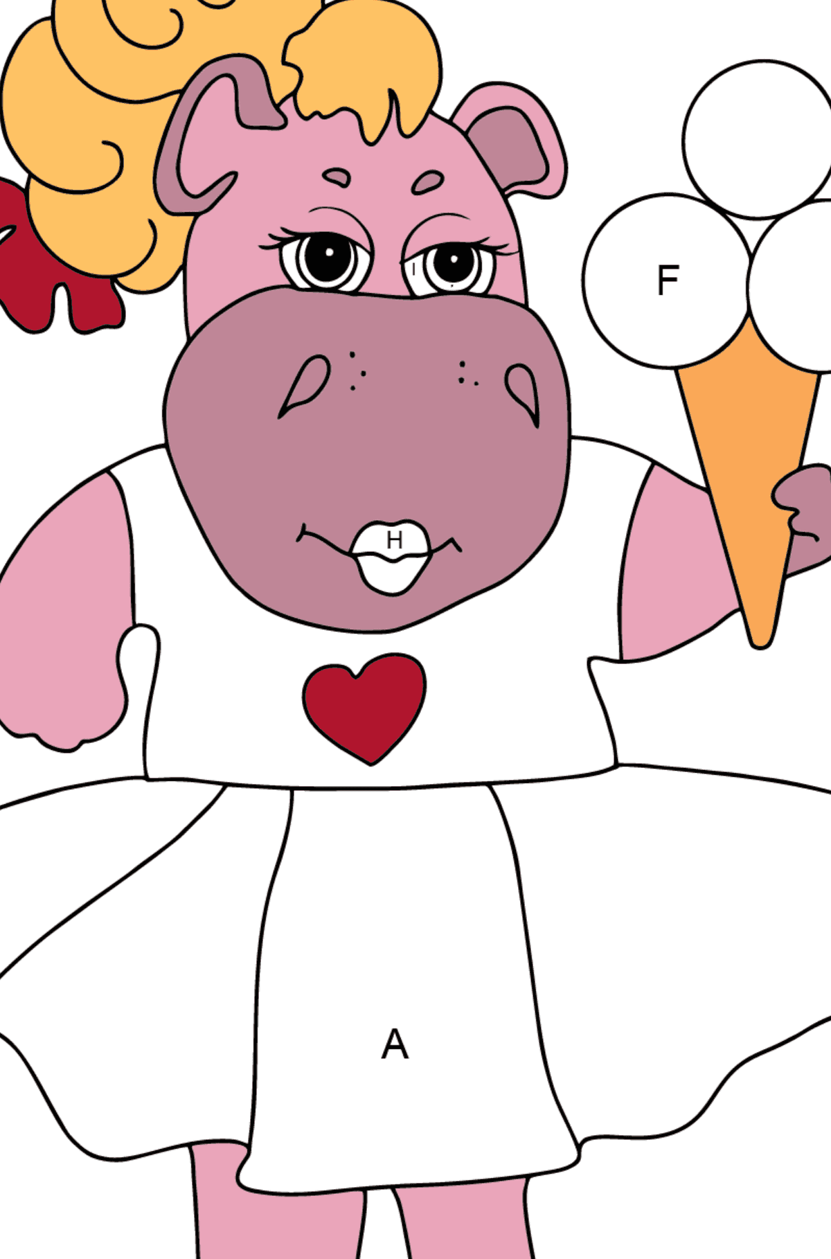 Dibujo de adorable hipopótamo (simple) para colorear - Colorear por Letras para Niños