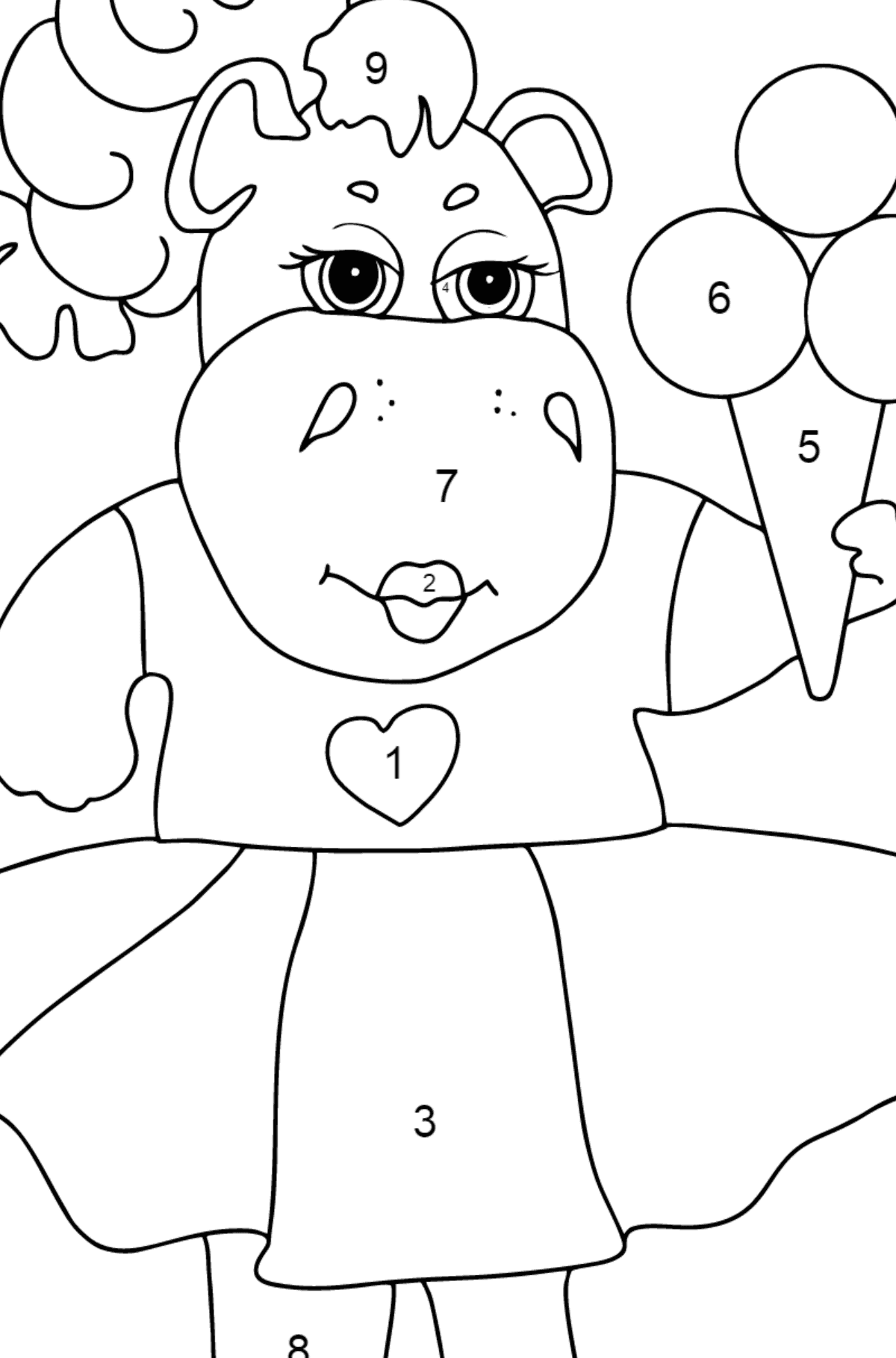Coloriage adorable hippopotame (simple) - Coloriage par Chiffres pour les Enfants