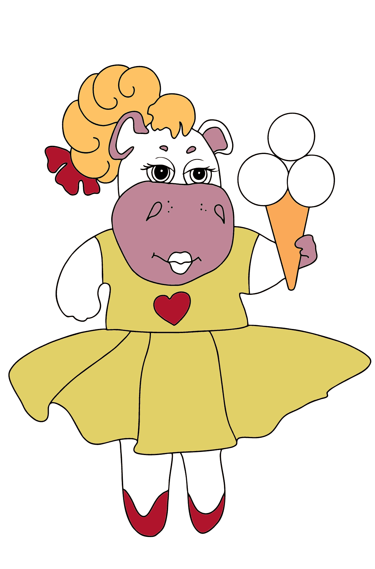 A Hippo in a Fancy Dress is Eating Ice Cream for Kids
