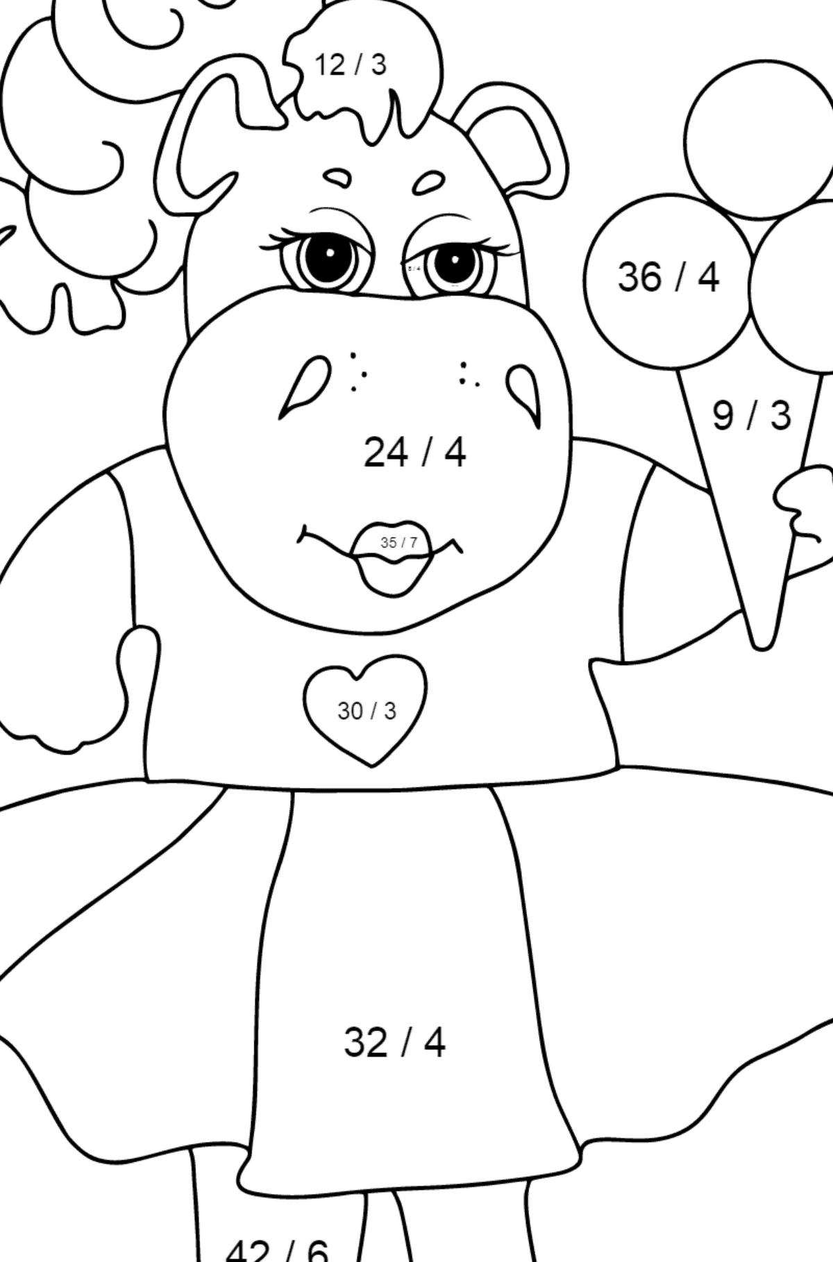 Dibujo de adorable hipopótamo (simple) para colorear - Colorear con Matemáticas - Divisiones para Niños