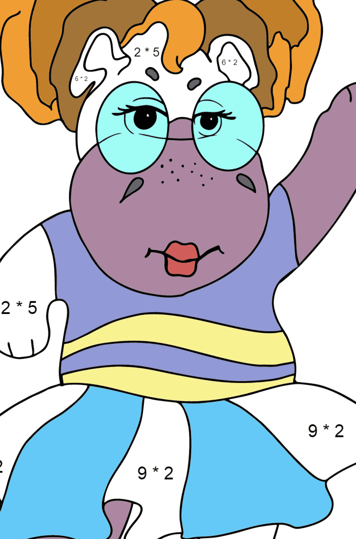 Desenho de Hipopótamo Dançando para colorir - Colorindo com Matemática - Multiplicação para Crianças