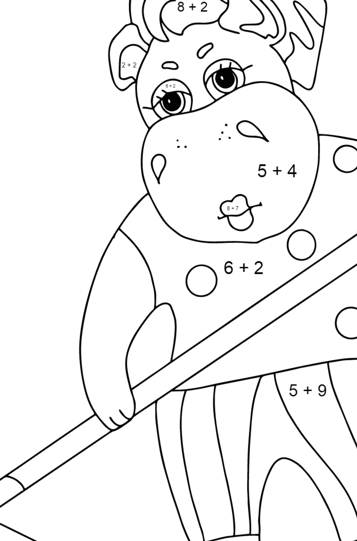 Dibujo de Lindo hipopótamo (simple) para colorear - Colorear con Matemáticas - Sumas para Niños