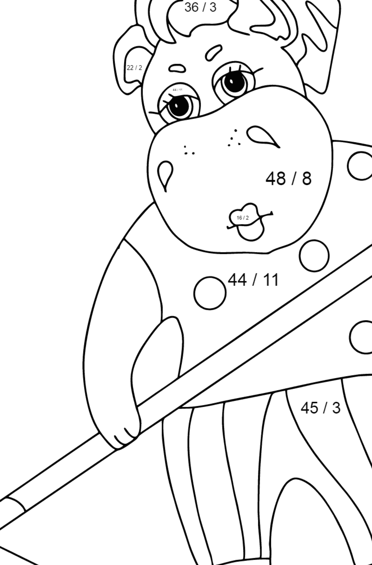 Dibujo de Lindo hipopótamo (simple) para colorear - Colorear con Matemáticas - Divisiones para Niños