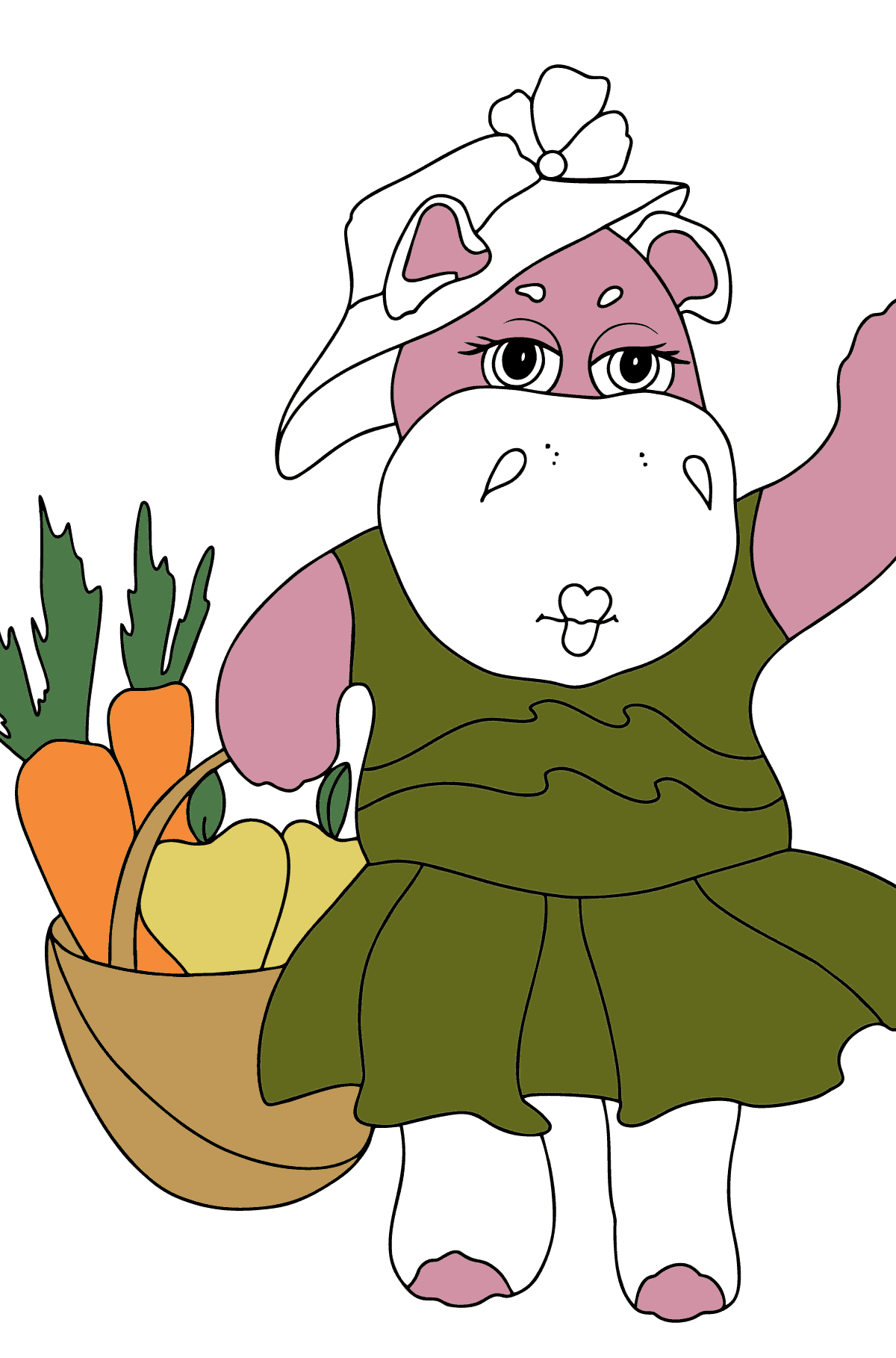 Coloring Page - A Hippo with a Basket of Carrots and Apples - Check it Out for Kids 