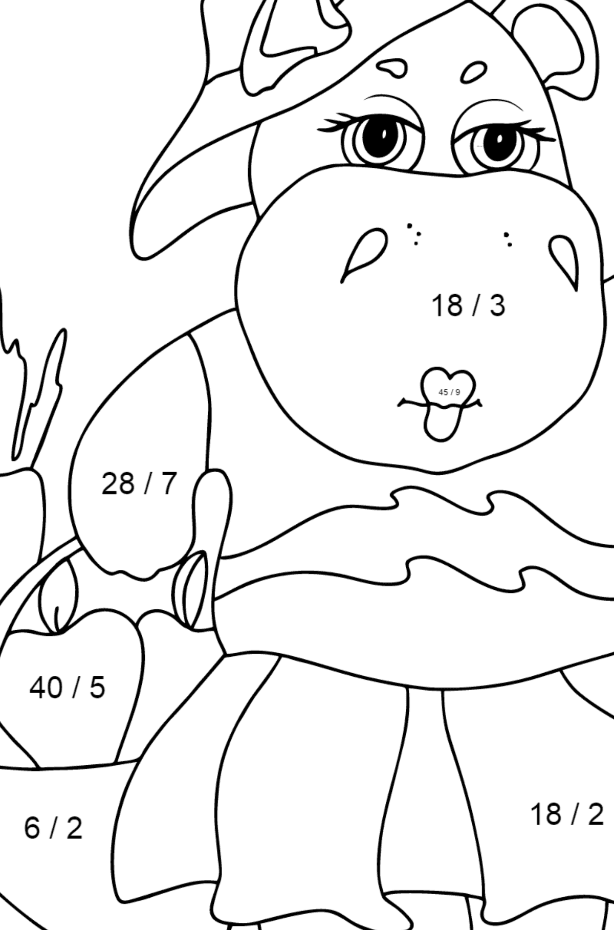 Ausmalbild Fürsorglicher Nilpferd (einfach) - Mathe Ausmalbilder - Division für Kinder