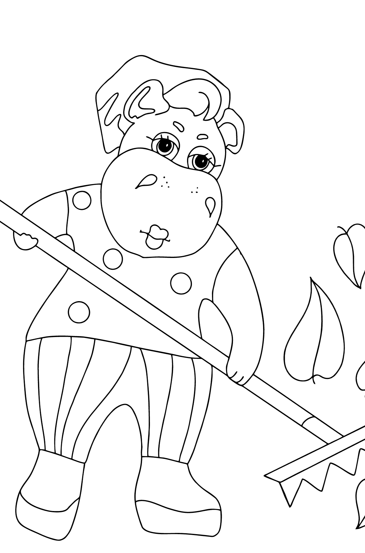Coloring Page - A Hippo is Collecting Fallen Leaves for Kids 