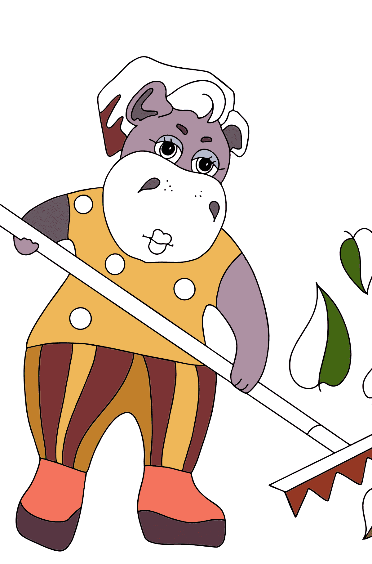 Coloring Page - A Hippo is Collecting Fallen Leaves for Kids 