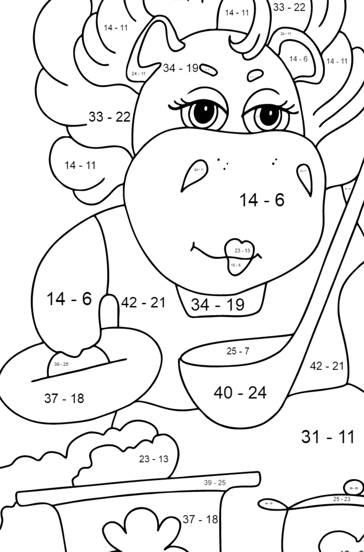 Ausmalbild Magisches Nilpferd - Mathe Ausmalbilder - Subtraktion für Kinder