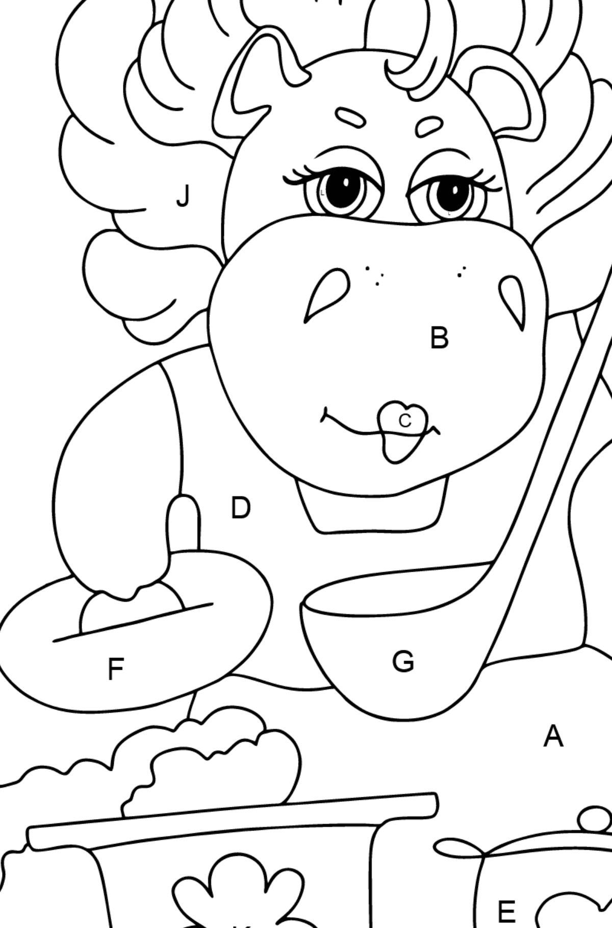 Dibujo de hipopótamo mágico (simple) para colorear - Colorear por Letras para Niños