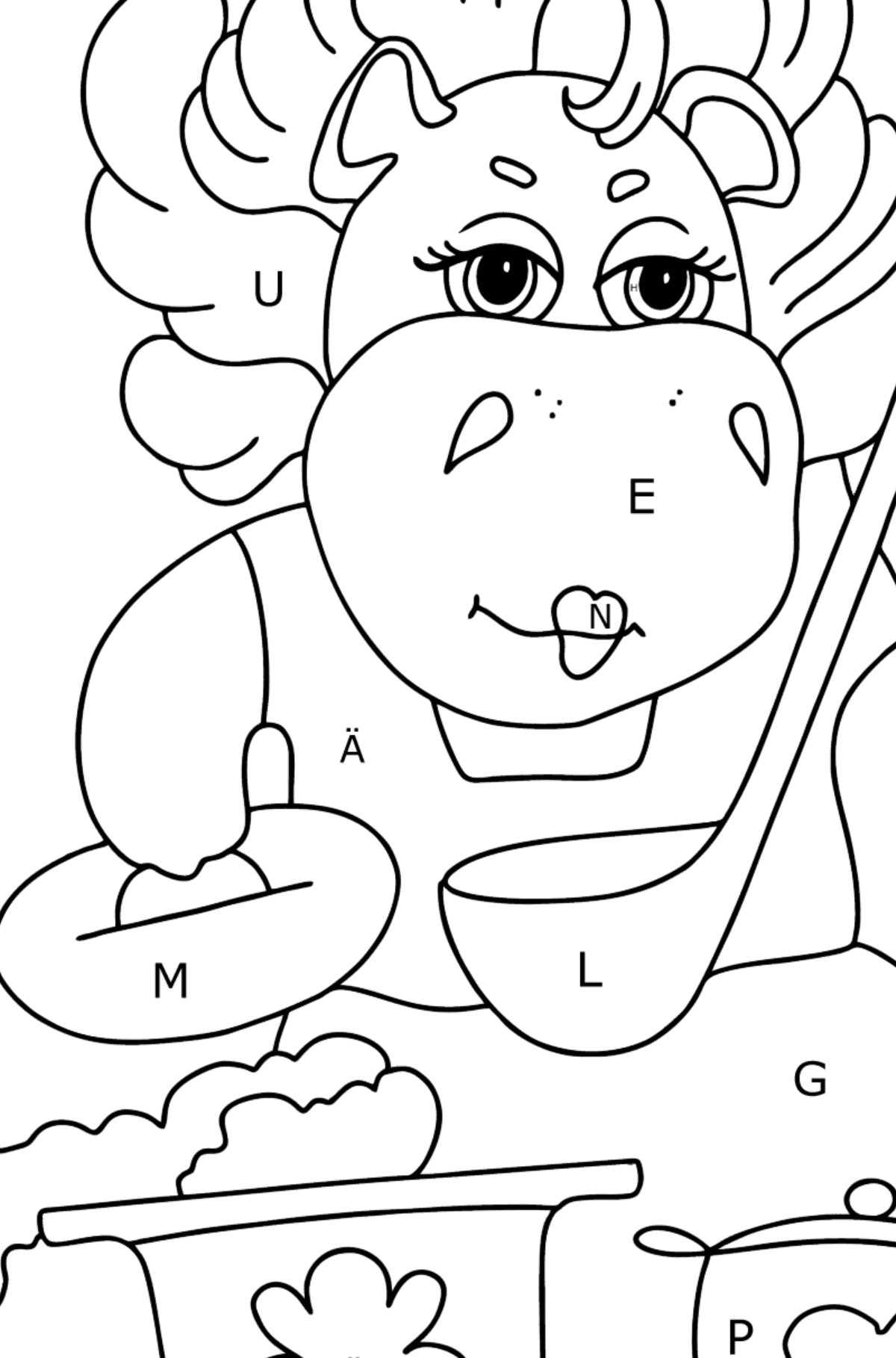 Målarbild magisk flodhäst (lätt) - Färgläggning av bokstäver För barn