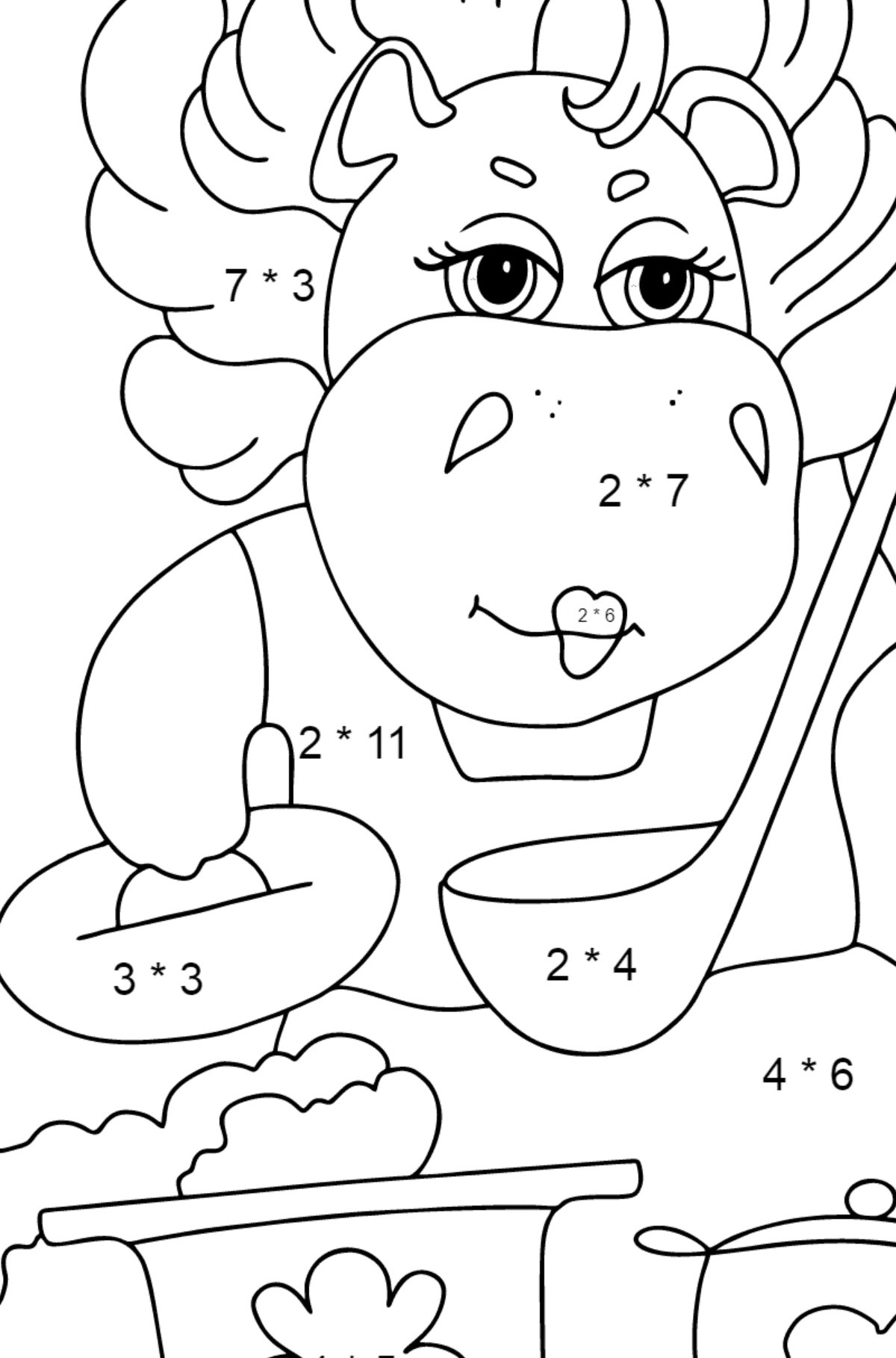 Dibujo de hipopótamo mágico (simple) para colorear - Colorear con Matemáticas - Multiplicaciones para Niños