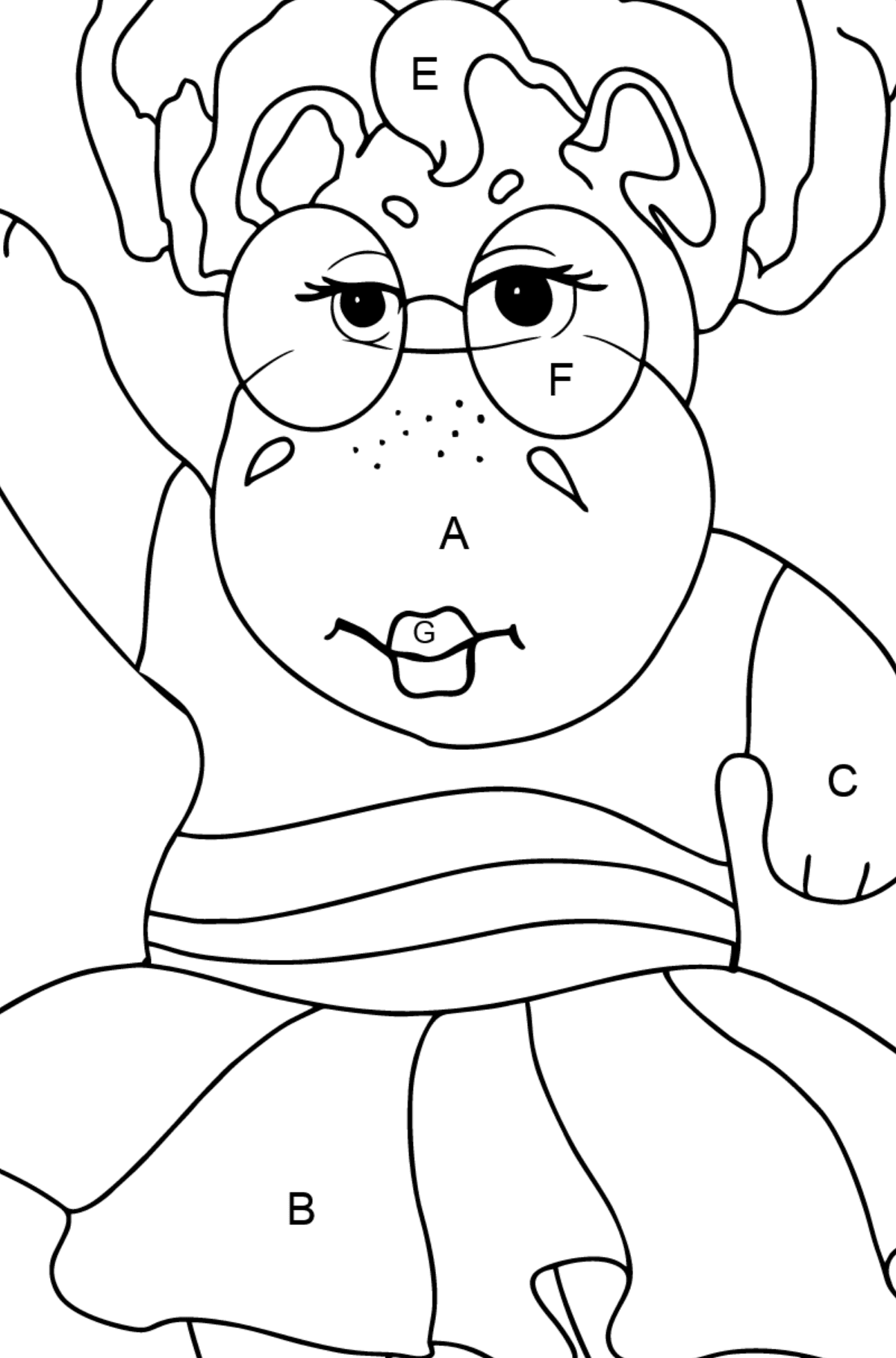 Dibujo de Hipopótamo bailando (simple) para colorear - Colorear por Letras para Niños