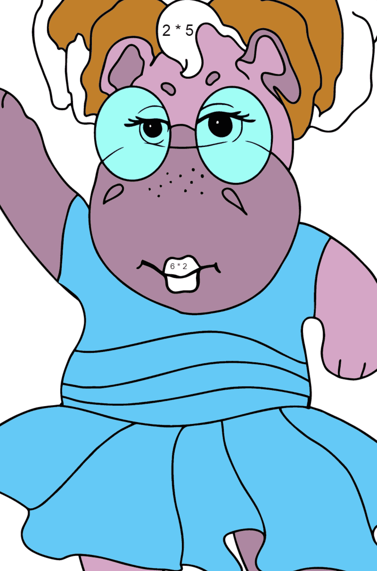 Ausmalbild Tanzender Nilpferd (einfach) - Mathe Ausmalbilder - Multiplikation für Kinder