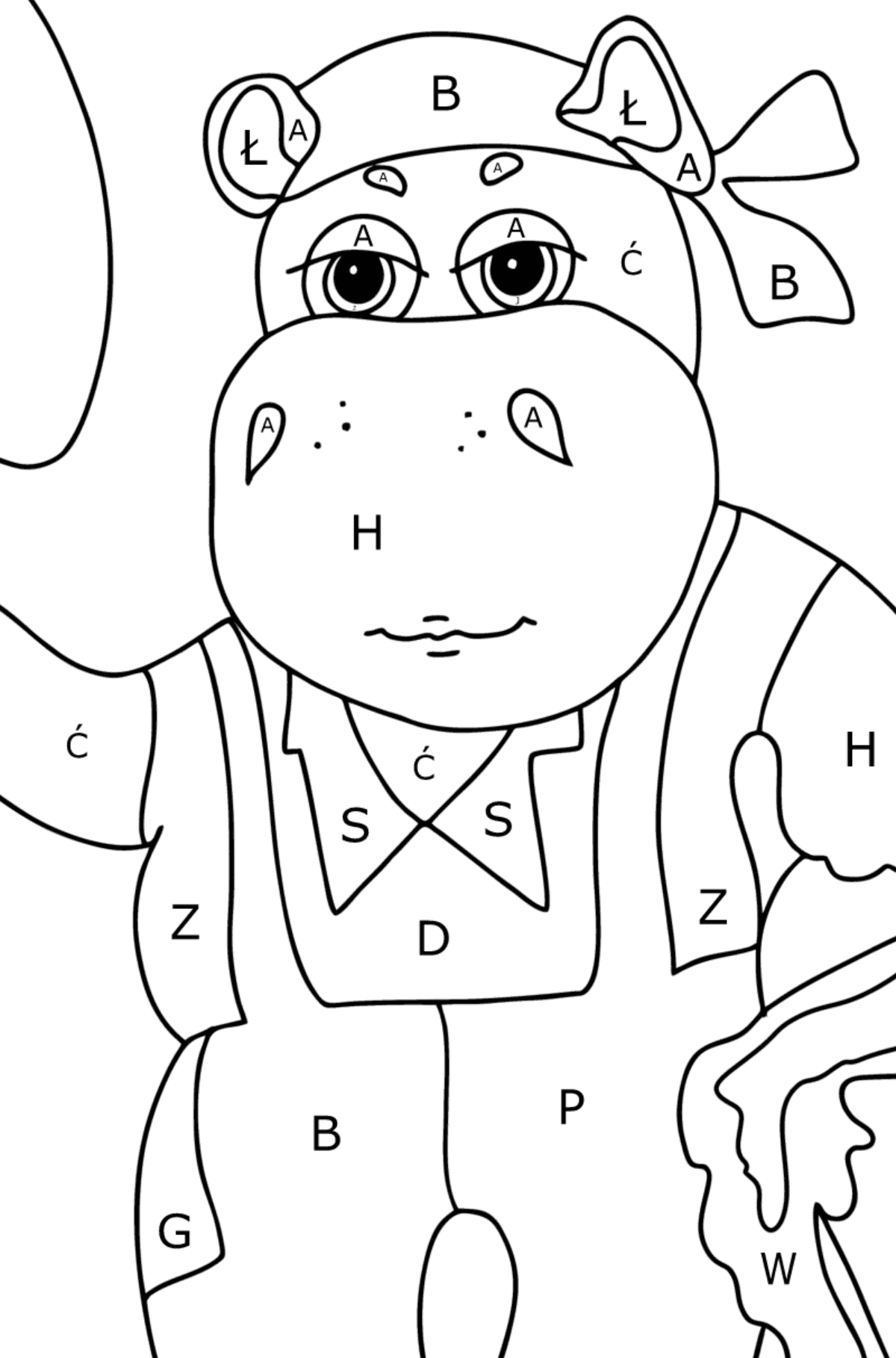 Trudne zabarwienie silnego Hipopotama - Kolorowanki wedlug liter dla dzieci