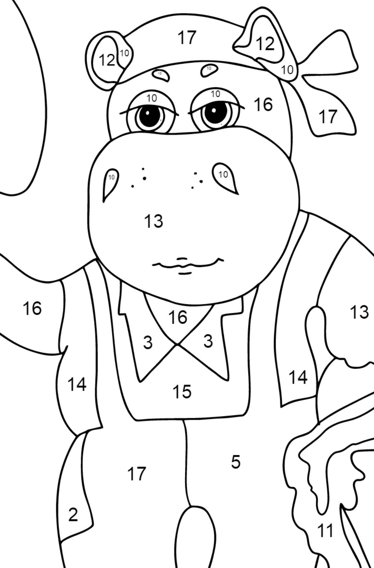 Trudne zabarwienie silnego Hipopotama - Koloruj według numerów dla dzieci