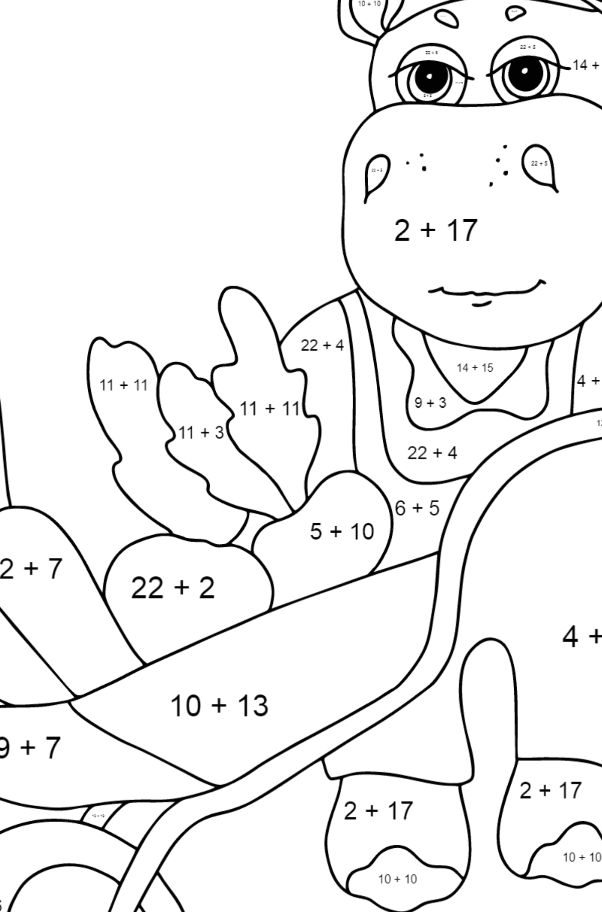 Malvorlage Nilpferd im Garten - Mathe Ausmalbilder - Addition für Kinder