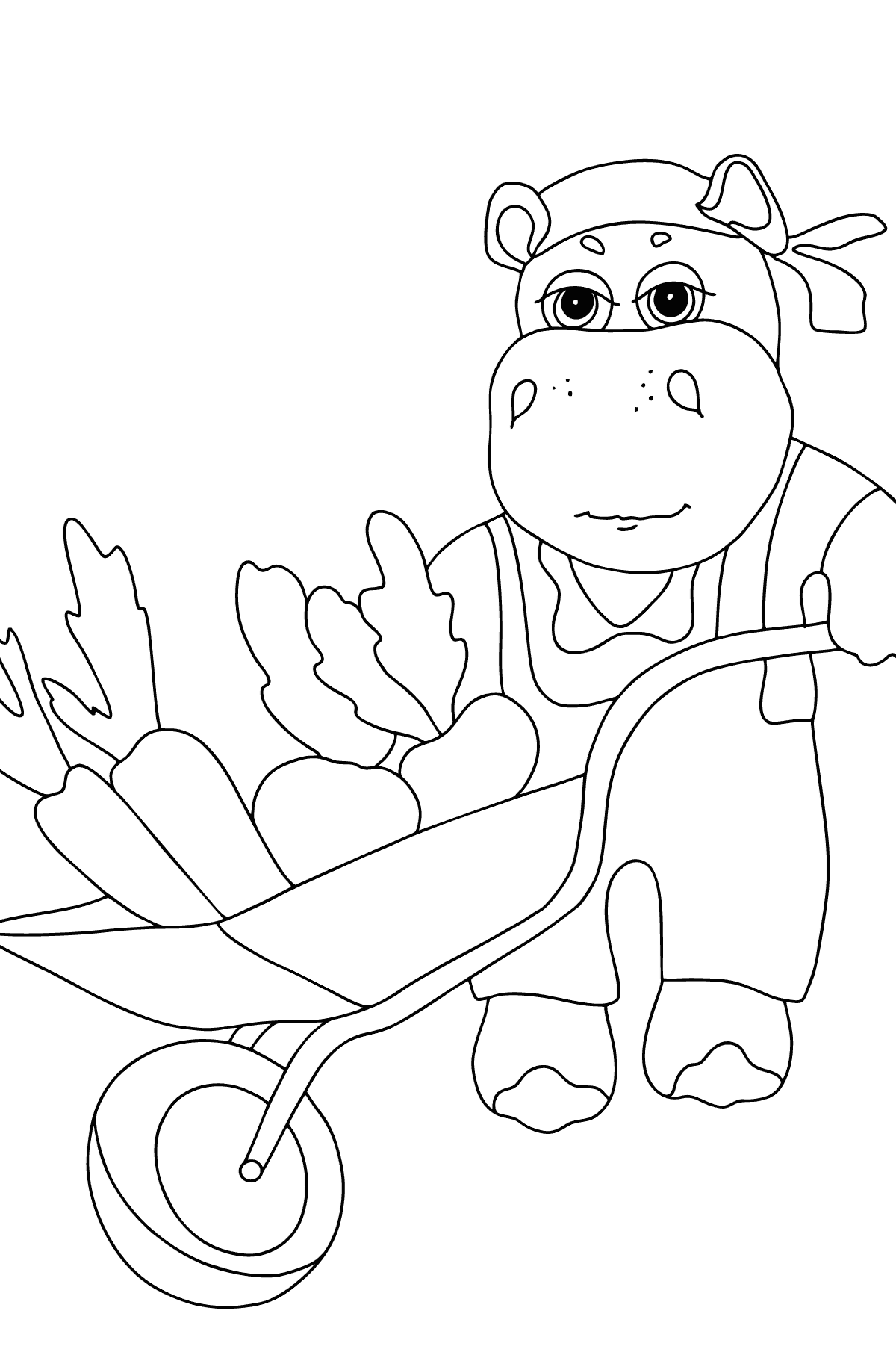 Coloring Page - A Hippo is Driving a Cart with Crops for Kids 