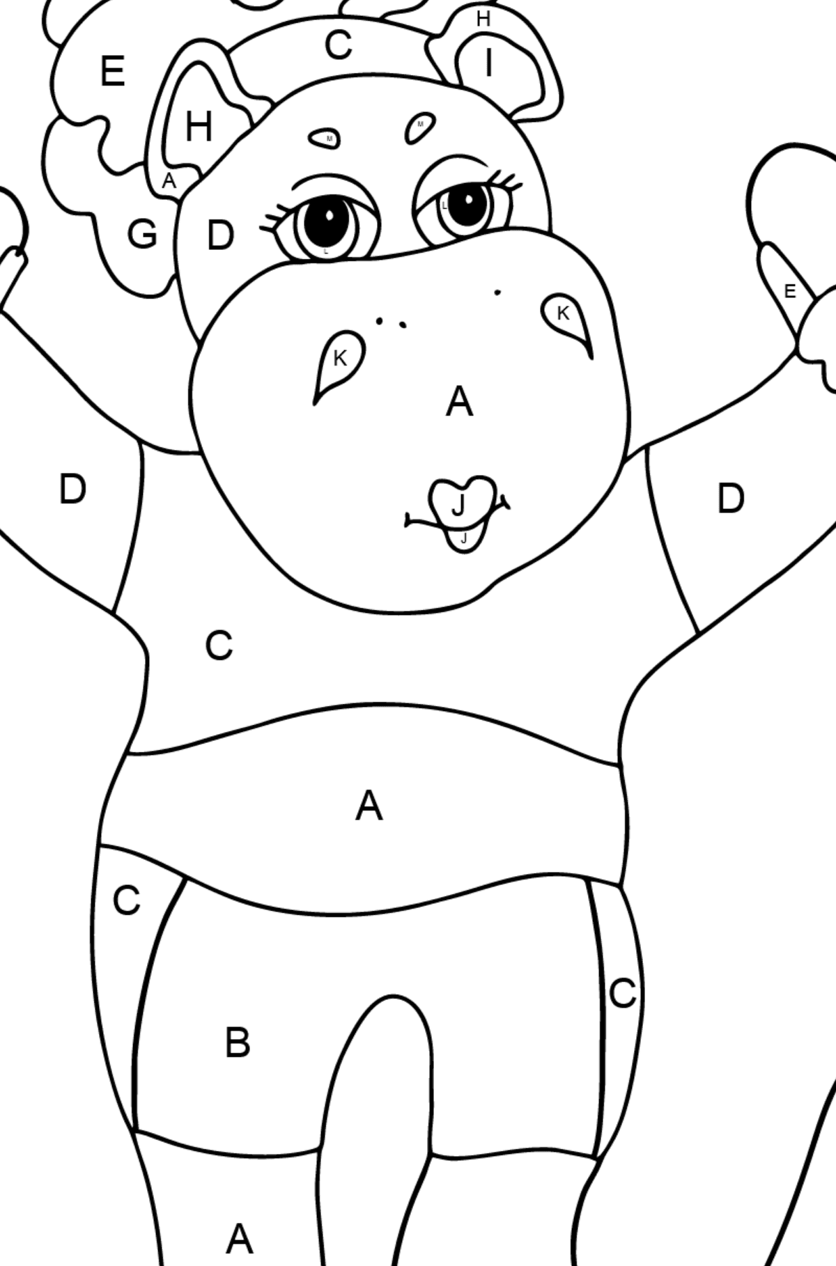 Ausmalbild Fröhlicher Nilpferd (einfach) - Ausmalen nach Buchstaben für Kinder