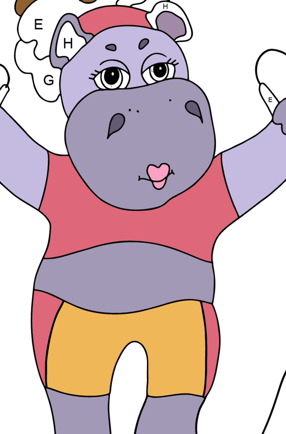 Hipopótamo Alegre (Simples) para colorir - Colorir por Letras para Crianças