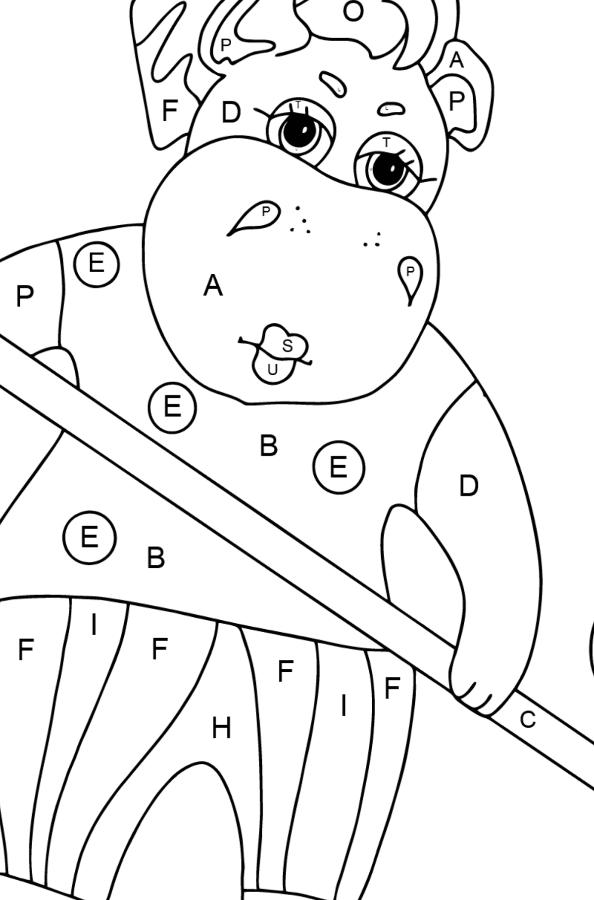 Ausmalbild Süßes Nilpferd (schwer) - Ausmalen nach Buchstaben für Kinder