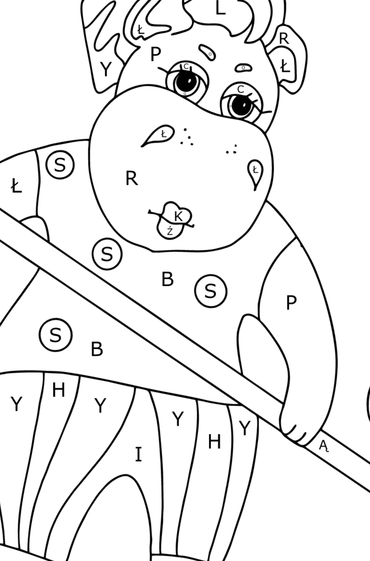 Kolorowanka Słodki hipopotam (trudny) - Kolorowanki wedlug liter dla dzieci