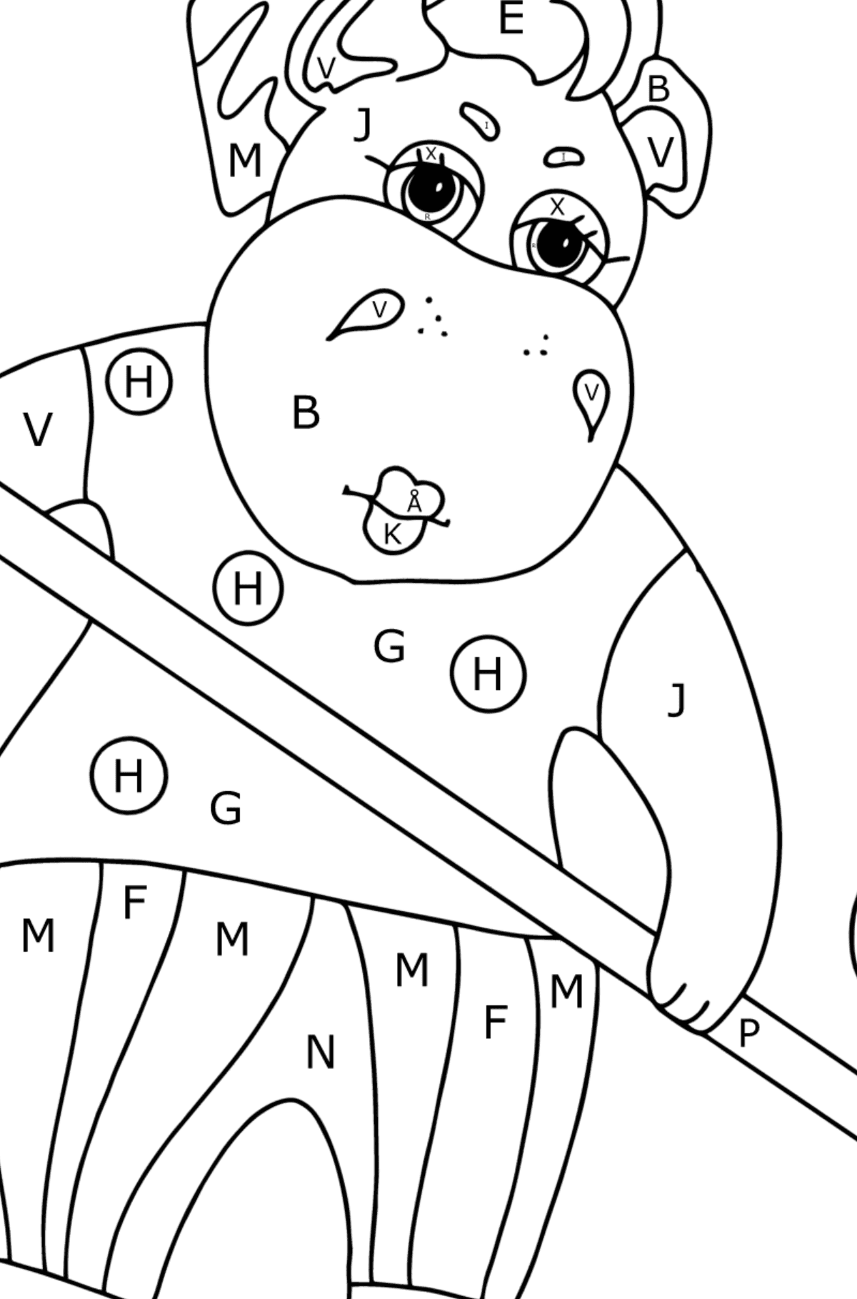 Målarbild söt flodhäst (svår) - Färgläggning av bokstäver För barn